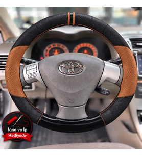 Toyota Corolla Verso E120 Dikme Direksiyon Kılıfı Delikli Deri Parlak Siyah Taba Detay Çift Yüzük ve Dikiş 2001-2004