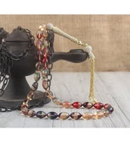 ZİRKON TAŞLI GÜMÜŞ PÜSKÜLLÜ SIKMA KEHRİBAR TESBİH (Sarı)