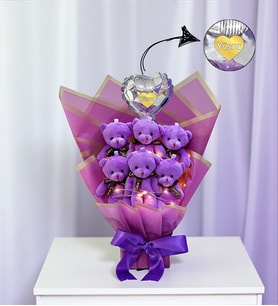 Kişiye Özel Led Işıklı Kalpli Balonlu Mor Peluş Ayıcık Buketi Ayıcıklı Peluş Buket Model 2