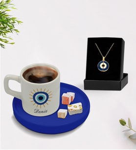 BK Gift Kişiye Özel İsimli Mavi Sunum Tabaklı Türk Kahvesi Fincanı ve Açılan Nazar Kolye Hediye Seti -15