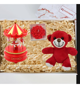 Kırmızı Atlı Karınca & Kırmızı Aycıklı Peluş & Lotus Mum Kutulu Hediye Seti