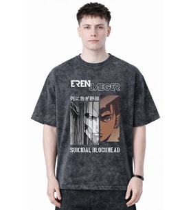 Tasarım Eren Jaeger Attack On Titan Anime Baskılı Unisex Oversize Eskitme Yıkamalı Tişört