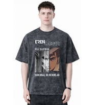 Tasarım Eren Jaeger Attack On Titan Anime Baskılı Unisex Oversize Eskitme Yıkamalı Tişört