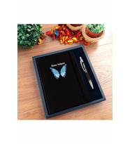 Kişiye Özel Mavi Kelebek Motifli  Ajanda ve Kalem(PRM426 (Siyah)