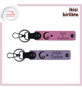 Ömürlük Hatıra – Çocuk Ve Ayyıldız, Kişiselleştirilebilir Deri Anahtarlık Seti, Pembe-Mor