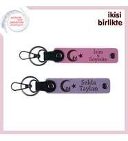 Ömürlük Hatıra – Çocuk Ve Ayyıldız, Kişiselleştirilebilir Deri Anahtarlık Seti, Pembe-Mor