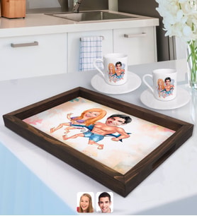 BK Gift Kişiye Özel Sevgililer Karikatürlü Doğal Ahşap Tepsi ve 2’li Kahve Fincan Seti-8