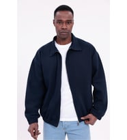 Erkek Basic Gabardin Kumaş Fermuarlı Oversize Mevsimlik Polo Yaka Ceket (Lacivert)