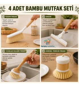 Mutfak Bambu Seti 4 Parça Pratik Temizlik Seti Tabak Yıkama Bardak Yıkama Tezgah Çekçek Süpürge Ahşap Bambu Saplı Ovma Teli