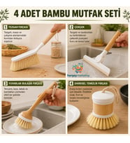 Mutfak Bambu Seti 4 Parça Pratik Temizlik Seti Tabak Yıkama Bardak Yıkama Tezgah Çekçek Süpürge Ahşap Bambu Saplı Ovma Teli