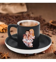 BK Gift Kişiye Özel Aile Karikatürlü Siyah Renk Türk Kahvesi Fincanı-1, Arkadaşa Hediye, Aileye Hediye, Yıl Dönümü Hediyesi