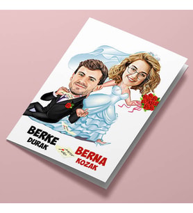 Kişiye Özel Evlendik Çok Mutluyuz Karikatürlü Tebrik Kartı