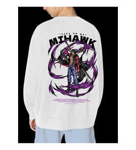 Unisex Beyaz Mihawk Baskılı Hoodie Oversize Kapşonsuz Sweatshirt (Beyaz)