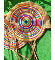 Renkli Çizgili Büyük Boy Yuvarlak Çanta , Kilim Desenli Plaj Çantaları, XXL Yuvarlak Tote, Kemzey Handmade Büyük Çantalar (Çok Renkli-Naturel)