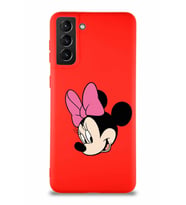 Samsung Galaxy S21 Plus Soft Premier Kapak Minnie Mouse-B Tasarımlı Silikon Kılıf - Kırmızı (Şeffaf)
