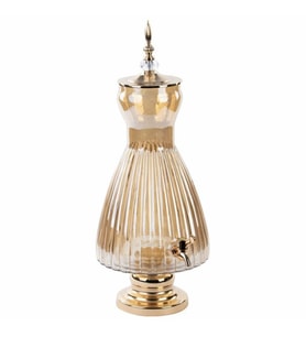 Dekoratif Lüks Musluklu Cam Şerbetlik 6 Litre Düz & Çizgili (Altın Rengi)