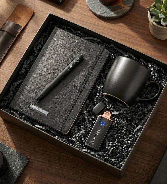 Kişiye Özel Dokunmatik Siyah USB Çakmak & Roller Kalem & Siyah Defter & Siyah Kupa Premium Hediye Seti