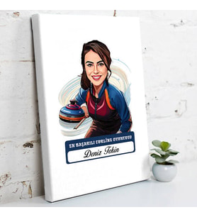 Kişiye Özel Hediye Karikatürlü Kadın Curling Oyuncusu Kanvas Tablo