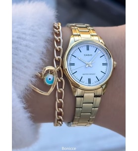 Casio Çelik Kordon,Sarı Renk, Kadın Kol Saati+Kalp Bileklik