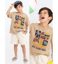 Erkek Çocuk Takım Yaz Baskılı %100 Pamuk T-Shirt Çizgili Dokuma Şort Yazlık Takım (Krem)
