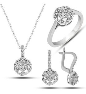 Çiçek Tasarımlı  Zirkon Taş 925 Ayar Gümüş Kadın Set