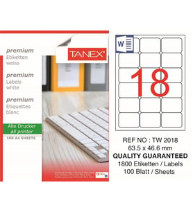 Tanex Lazer Etiket tw-2018 100 A4 Sayfa Laser Etiket 63 x 46 mm Boyutunda 1 A4 Sayfada 18 Etiket