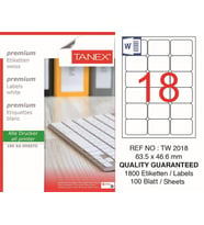 Tanex Lazer Etiket tw-2018 100 A4 Sayfa Laser Etiket 63 x 46 mm Boyutunda 1 A4 Sayfada 18 Etiket