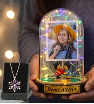 Kişiye Özel Renkli Led Işıklı Kalp Tutan Çiftli Fanus ve Gerçek Ametist Taşlı Lotus Kolye