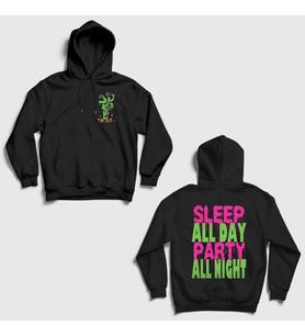 Presmono Unisex Siyah Sleep All Day Party All Night Sırt Baskılı Kapüşonlu Sweatshirt 534100tt