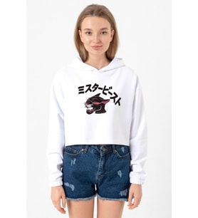 Mr Beast Kanji Beyaz Optik Kadın Crop Kapşonlu