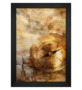 Pusula ve Harita Soyut Motifli Kanvas Tablo 50 x 70 cm Siyah Çerçeve