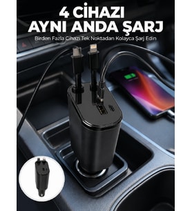 120W Hızlı Şarj Destekli 4'ü 1 Arada Araç Şarj Cihazı Type-C, Lightning, USB ve USB-C Çıkışlı