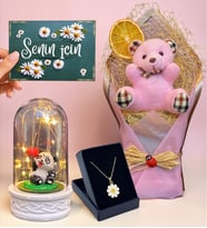Ayıcık Buketi, Tasarım Kolye ve Led Işıklı Fanus Hediye Seti (Model 4)
