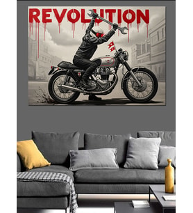 Motosiklet "Revolution" Yazısı Dekoratif Kanvas - Mdf Ahşap Tablo