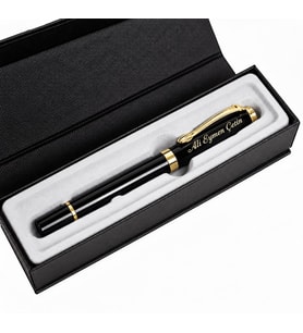 Kişiye Özel İsim Baskılı Siyah Gold Detaylı Kutulu Roller Kalem