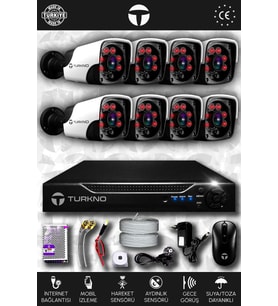 TURKNO 8 Kameralı Pania 8 Dış Kamera Set HDD'siz Full HD Gece Görüşlü Güvenlik Kamerası Sistemi