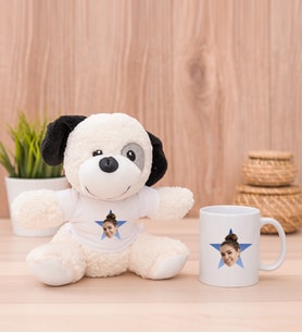 Kişiye Özel Mavi Yıldız Kafa Fotoğraflı Peluş Köpek ve Beyaz Kupa