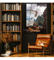 Siyah Renk Metal Çerçeveli Tamperli Cam Tablo C.J. Vernet Kale Manzarası Öncesi Yağmurlu Atmosfer Ressam Tablosu Dekoru