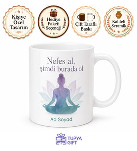 İsimli Lotus Pozisyonu Desenli Kupa Bardak Yoga Meditasyon Hediye