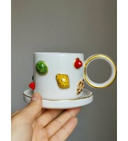 Deniz Kabuğu El Yapımı Hediyelik Duble Kahve Fincanı (Yeşil-Krem)