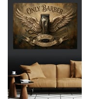 Only Barber Shop Kanatlı Amblem Dekoratif Kanvas - Mdf Ahşap Tablo