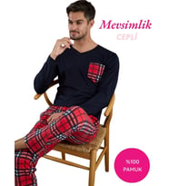 Seamlife Erkek Ekose Desen %100 Pamuk Mevsimlik Uzun Kol Cepli Pijama Takımı (Kırmızı)