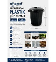 Kapaklı Siyah Plastik Çöp Kovası 50 L 41x50 cm