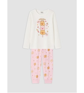LCW Kids Ekru Bisiklet Yaka Kız Çocuk Pijama Takım