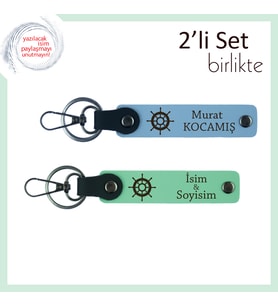 Yön Simgesi Gemi Dümeniyle Tasarlanan Hediyelik, İsme Özel Kişisel Set, Gök Mavi-Açık Yeşil