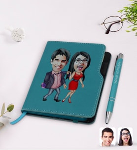 BK Gift Kişiye Özel Sevgililer Karikatürlü Turkuaz Termo Deri Defter Kalem Seti-4