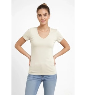 T-Shirt V Yaka Slim Fit Likralı Tişört Günlük Basic Body - Taş