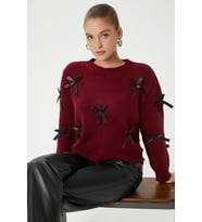 Kadın Valery Yumuşak Doku Kurdele Fiyonk Detaylı Bordo Triko Kazak