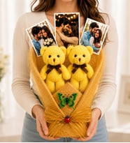 Kişiye Özel Büyük Boy 3 Fotoğraflı Sarı Peluş Ayıcıklı Anı Buketi Sevgiliye Kadına Hediye - Fotoğraf Buketi