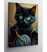 Kanvas Tablo Yünle Oynayan Siyah Kedi
